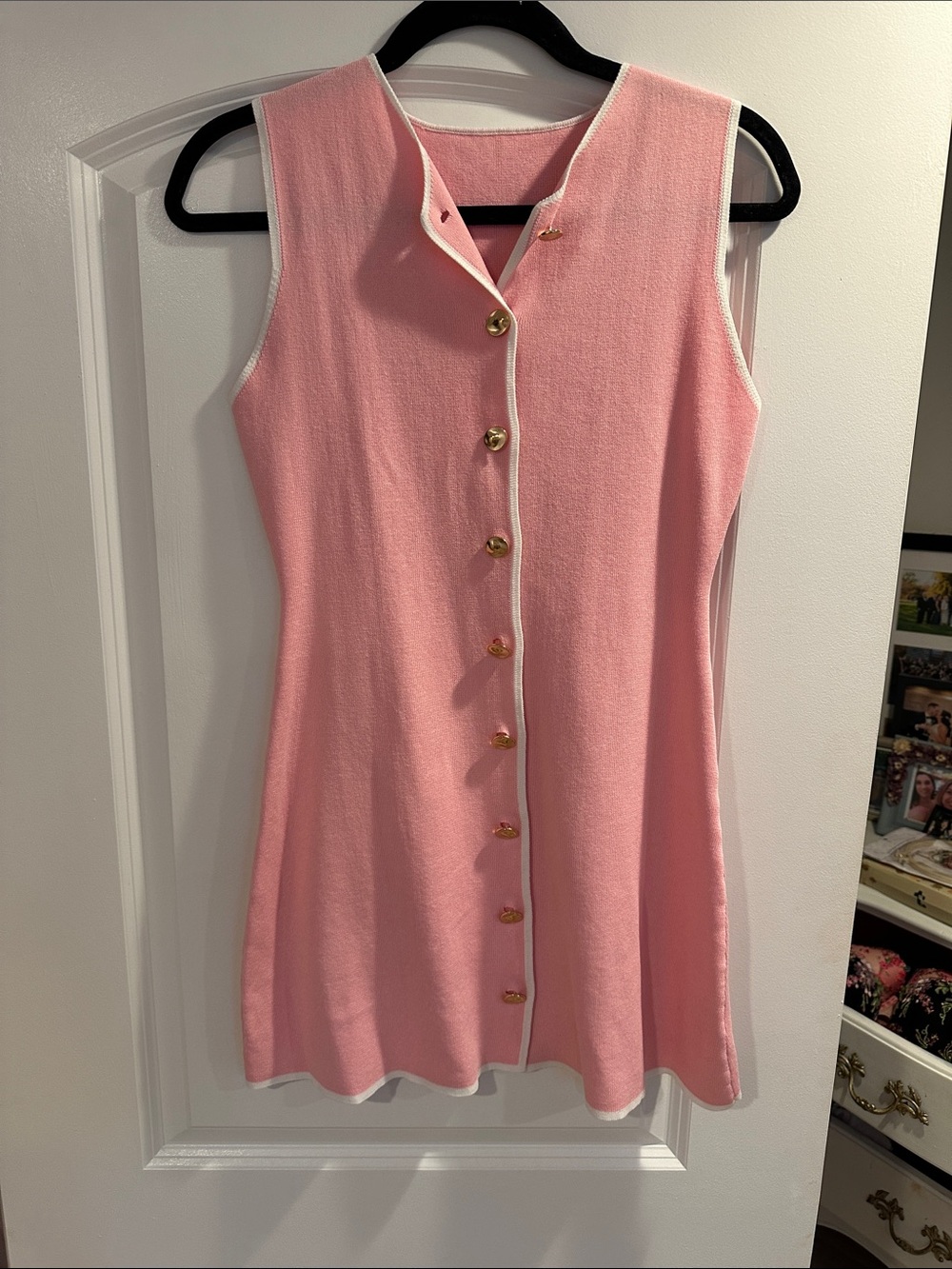 Sleeveless Pink Knit Tunic Dress with White Trim and Gold Buttons